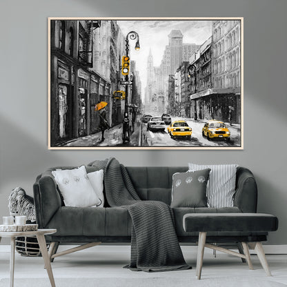 32362-MGV-CV-36X24-NYC Street Wall Art – Black and White Cityscape with Yellow Taxis and Umbrella Canvas Print, Urban Home Decor for Living Room or