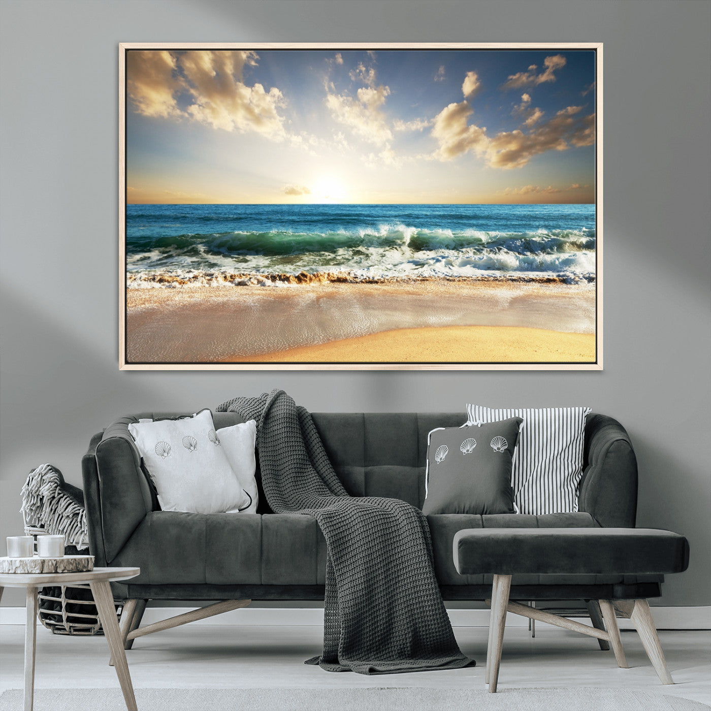 13139-MGV-CV-36X24-Sunrise Beach Wall Art – Ocean Waves and Golden Sand Canvas Print, Coastal Home Decor for Living Room, Bedroom, or Office