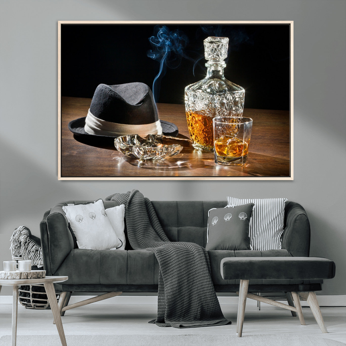 14629-MGV-CV-36X24-Vintage Whiskey Wall Art – Classic Fedora, Cigar, and Crystal Decanter Canvas Print, Rustic Bar Decor for Home, Office, or Man