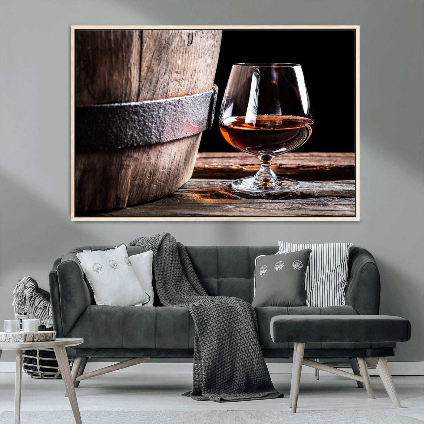 50839-MGV-CV-36X24-Barrel & Brandy Wall Art – Rustic Whiskey Barrel and Brandy Glass Canvas Print, Elegant Home Bar or Lounge Decor for Office, Man