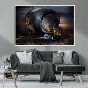 78049-MGV-CV-36X24-Whiskey Barrel Wall Art – Rustic Whiskey Barrel and Glass with Ice Canvas Print, Classic Bar or Lounge Decor for Home, Office, or