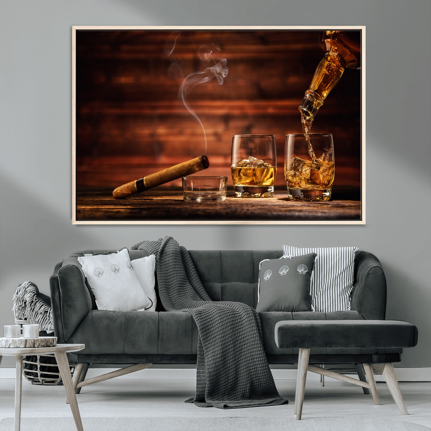 91042-MGV-FC-36X24_Natural-Whiskey & Cigar Wall Art – Elegant Whiskey Pour and Smoldering Cigar Canvas Print, Sophisticated Bar or Lounge Decor for Home,