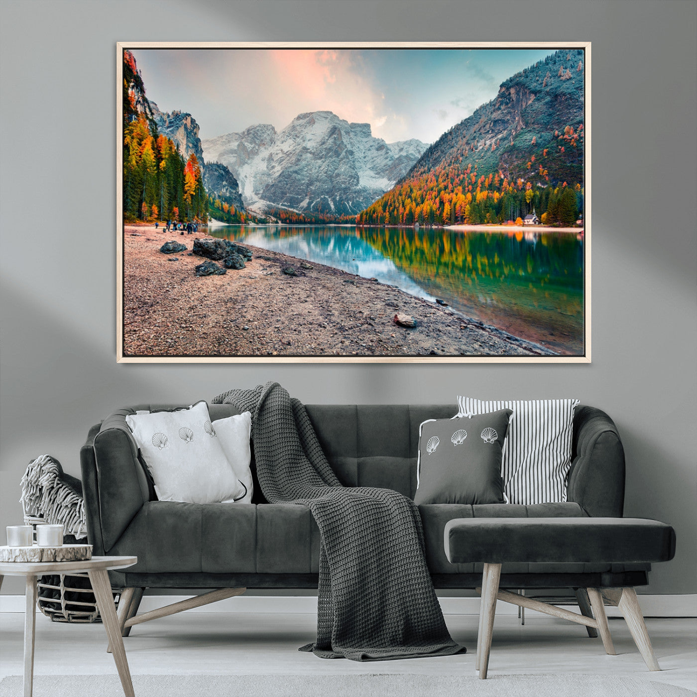 25982-MGV-CV-36X24-Autumn Mountain Lake Wall Art – Panoramic Fall Foliage and Snowy Peaks Canvas Print, Scenic Nature Decor for Living Room or Office