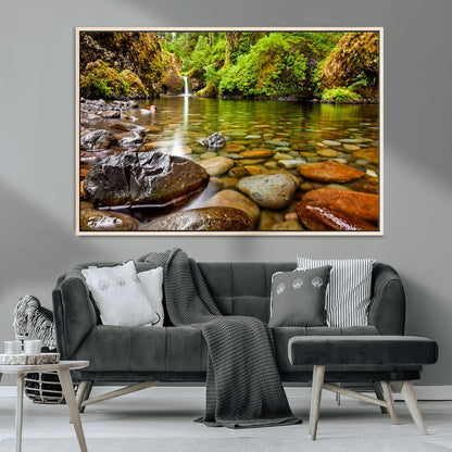 98096-MGV-CV-36X24-Serene River Waterfall Nature Photo – Calm Clear Water, Vibrant Green Forest and Smooth Stones Landscape Wall Art for Home or