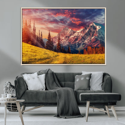 83947-MGV-FC-36X24_Natural-Sunset Mountain Landscape Wall Art – Panoramic Alpine Meadow and Snow Capped Peaks Canvas Print, Nature Scenic Decor for Home,