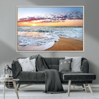 39560-MGV-CV-36X24-Sunrise Beach Wall Art – Vibrant Ocean Waves and Golden Sand Canvas Print, Seaside Coastal Decor for Living Room, Bedroom or