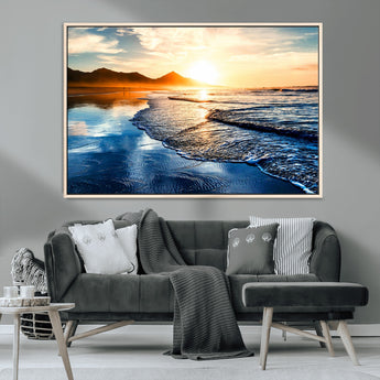86173-MGV-CV-36X24-Golden Sunset Beach Wall Art – Reflective Ocean Canvas Print with Mountains and Waves, Coastal Nature Decor for Living Room,