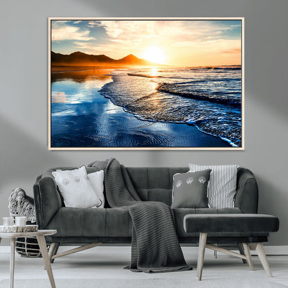 86173-MGV-CV-36X24-Golden Sunset Beach Wall Art – Reflective Ocean Canvas Print with Mountains and Waves, Coastal Nature Decor for Living Room,