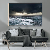 42607-MGV-CV-36X24-Stormy Ocean Wall Art – Dramatic Sea and Sky Canvas Print with Sun Rays, Moody Nature Decor for Living Room, Office, Bedroom or