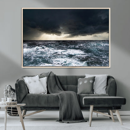 42607-MGV-CV-36X24-Stormy Ocean Wall Art – Dramatic Sea and Sky Canvas Print with Sun Rays, Moody Nature Decor for Living Room, Office, Bedroom or