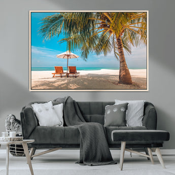 69754-MGV-CV-36X24-Tropical Beach Wall Art – Relaxing Palm Tree and Lounge Chairs Canvas Print, Serene Coastal Decor for Living Room, Bedroom, Office
