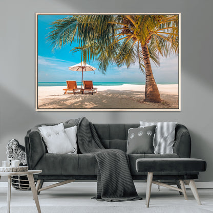 69754-MGV-CV-36X24-Tropical Beach Wall Art – Relaxing Palm Tree and Lounge Chairs Canvas Print, Serene Coastal Decor for Living Room, Bedroom, Office