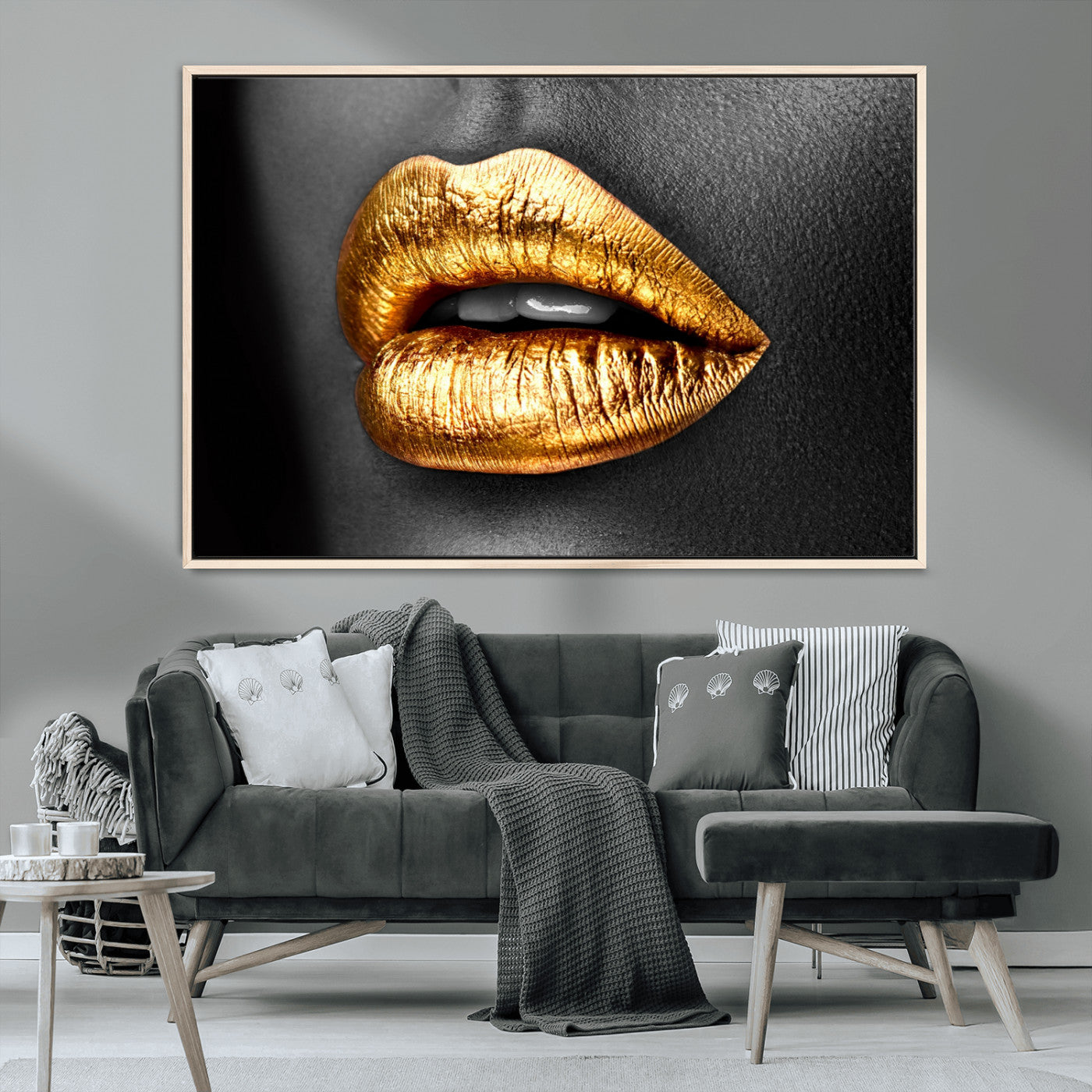 84747-MGV-CV-36X24-Golden Lips Black & White Portrait – Glamorous Metallic Lip Art Print, Modern Wall Decor for Bedroom, Beauty & Fashion Lover Gift