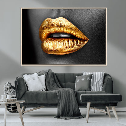 84747-MGV-CV-36X24-Golden Lips Black & White Portrait – Glamorous Metallic Lip Art Print, Modern Wall Decor for Bedroom, Beauty & Fashion Lover Gift
