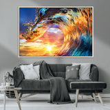 52890-MGV-CV-36X24-Surfing Wave Wall Art Canvas Print, Framed Sunset Ocean Art Picture Print, Ocean Wave Perfect Nautical Decor Artwork