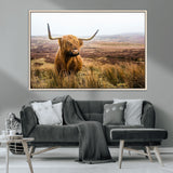 79391-MGV-CV-36X24-Majestic Highland Cow in Misty Scottish Moorland – Rustic Natural Charm, Perfect for Unique Home or Office Decor