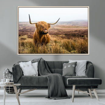 79391-MGV-CV-36X24-Majestic Highland Cow in Misty Scottish Moorland – Rustic Natural Charm, Perfect for Unique Home or Office Decor