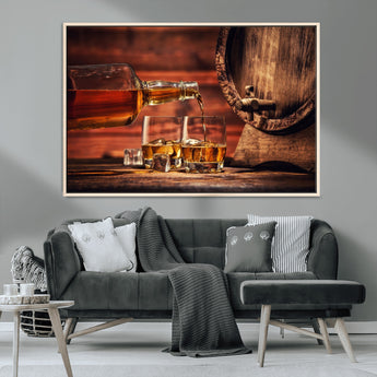 21266-MGV-CV-36X24-Pouring Whiskey into Glasses with Ice – Rustic Wooden Barrel Background, Warm Ambient Lighting, Ideal Decor for Home or Office