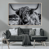 97372-MGV-CV-36X24-Elegant Highland Cow Wall Art – Black and White Canvas Print, Rustic Nature Decor for Home, Office, Living Room or Man Cave