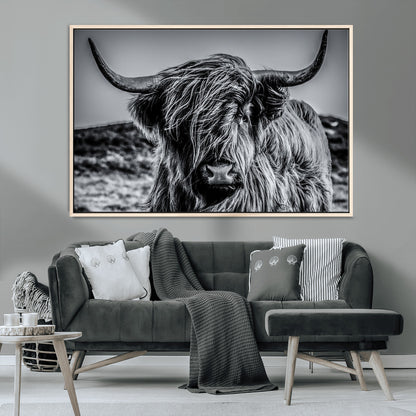 97372-MGV-CV-36X24-Elegant Highland Cow Wall Art – Black and White Canvas Print, Rustic Nature Decor for Home, Office, Living Room or Man Cave