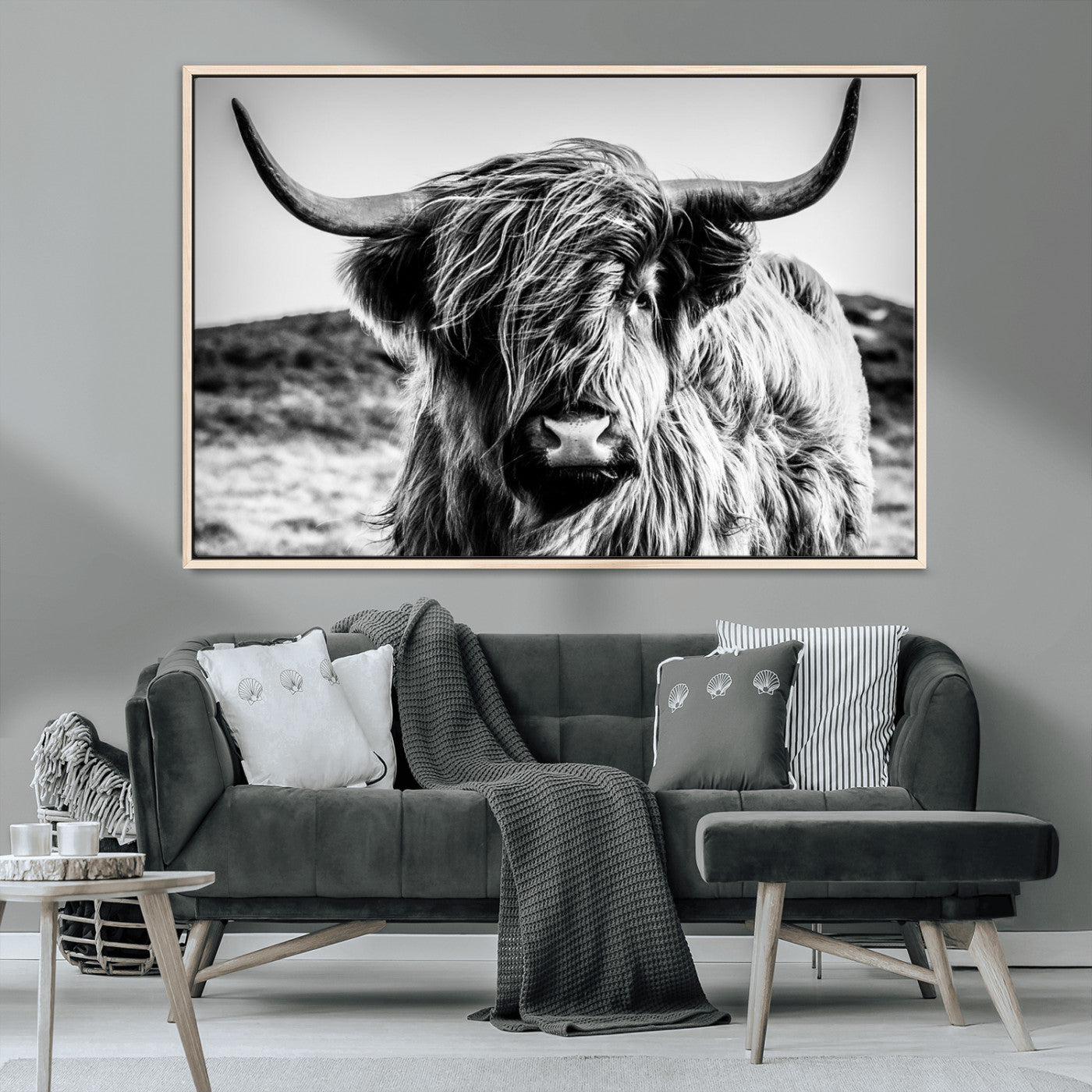 36979-MGV-CV-36X24-Striking black-and-white portrait of a Highland cow with flowing fur and majestic horns, perfect for rustic and elegant home or