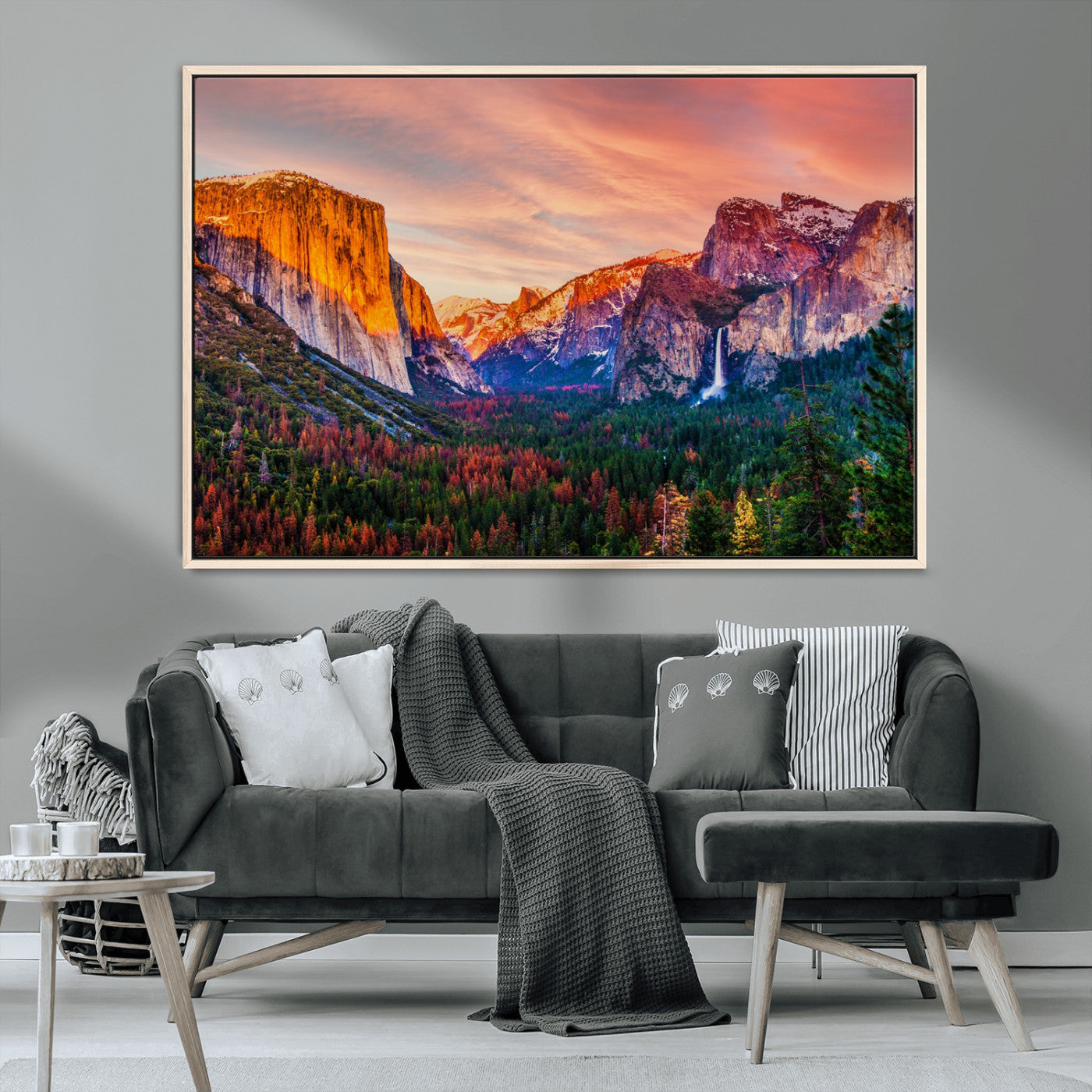 24519-MGV-CV-36X24-Yosemite Valley Sunset Wall Art – Majestic Mountain Landscape with Waterfall and Vibrant Sky, Nature Photography for Home or