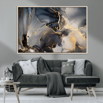 24068-MGV-CV-36X24-Luxury Abstract Wall Art – Gold & Gray Fluid Ink Painting Canvas, Modern Metallic Home Decor, Elegant Office or Living Room Accent