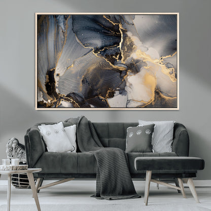 24068-MGV-CV-36X24-Luxury Abstract Wall Art – Gold & Gray Fluid Ink Painting Canvas, Modern Metallic Home Decor, Elegant Office or Living Room Accent