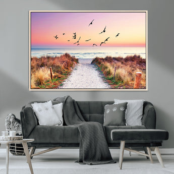 54411-MGV-CV-36X24-Beach Path with Birds Wall Art – Coastal Sunset Ocean Canvas Print, Seaside Nature Landscape Photography for Living Room, Bedroom