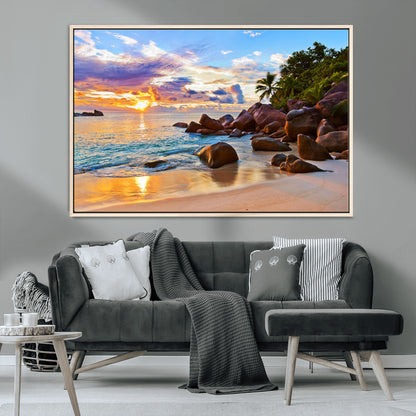 43209-MGV-CV-36X24-Tropical Beach Sunset Wall Art – Golden Ocean Waves and Palm Trees with Rocky Shore Canvas Print, Coastal Seascape Decor for
