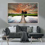 29105-MGV-CV-36X24-Rustic Wooden Bridge Wall Art – Scenic Sunset Over Rice Fields and Reflective Water Canvas Print, Nature Landscape Decor for