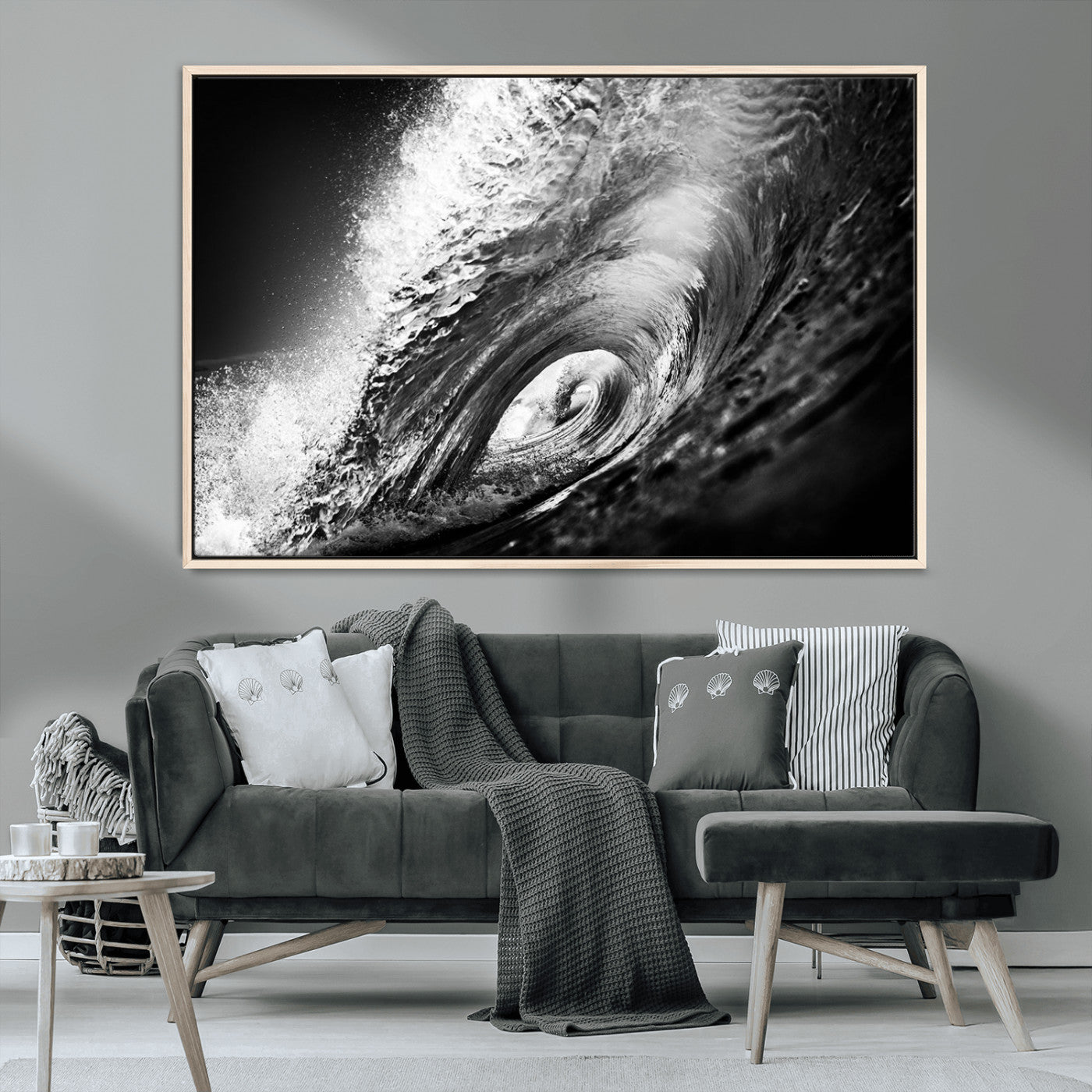 22702-MGV-CV-36X24-Black and White Ocean Wave Wall Art – Powerful Surf Curl Photography Canvas Print, Modern Coastal Decor for Living Room, Office or