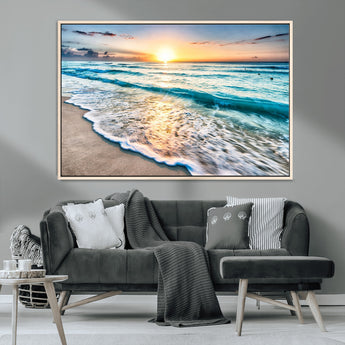 27815-MGV-CV-36X24-Ocean Sunrise Beach Wall Art – Serene Coastal Canvas Print with Waves and Golden Morning Light, Relaxing Seascape Decor for