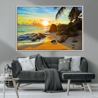 26181-MGV-CV-36X24-Golden Tropical Sunset Beach Wall Art – Ocean Canvas Print with Palm Trees and Rocks, Coastal Paradise Decor for Living Room or