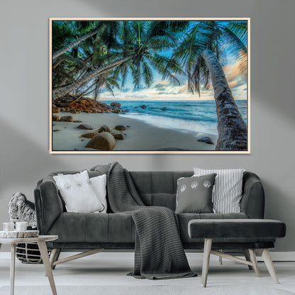 39679-MGV-CV-36X24-Tropical Palm Beach Wall Art – Serene Ocean Canvas Print with Palm Trees and Rocks, Coastal Paradise Decor for Living Room or