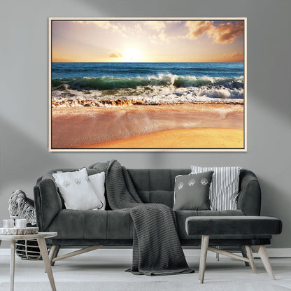 79005-MGV-CV-36X24-Golden Sunrise Ocean Waves Wall Art – Panoramic Seashore Canvas Print, Calming Coastal Decor for Home, Office or Relaxation Space