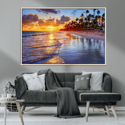 19917-MGV-CV-36X24-Tropical Sunset Beach Wall Art – Panoramic Palm Trees and Ocean Canvas Print, Vibrant Coastal Decor for Living Room, Office or Man