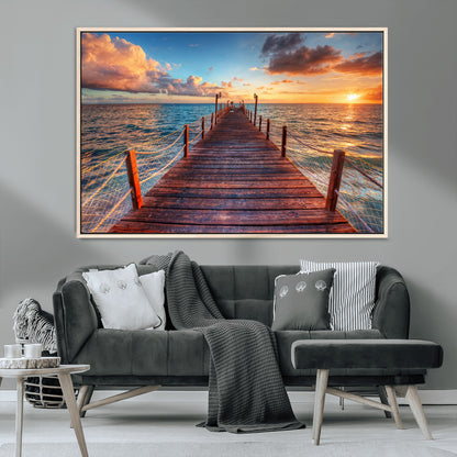 28836-MGV-CV-36X24-Ocean Pier Sunset Wall Art – Wooden Dock and Golden Horizon Canvas Print, Coastal Seascape Photography for Living Room, Bedroom,