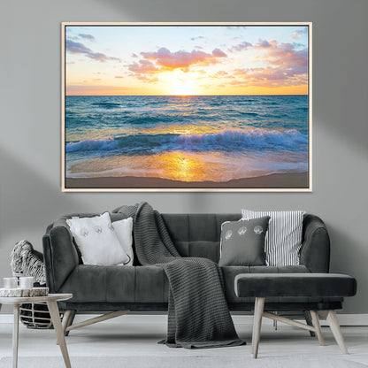 78006-MGV-CV-36X24-Golden Sunrise Ocean Wall Art – Panoramic Beach Waves Canvas Print, Coastal Seascape Artwork for Living Room, Bedroom, Office, or
