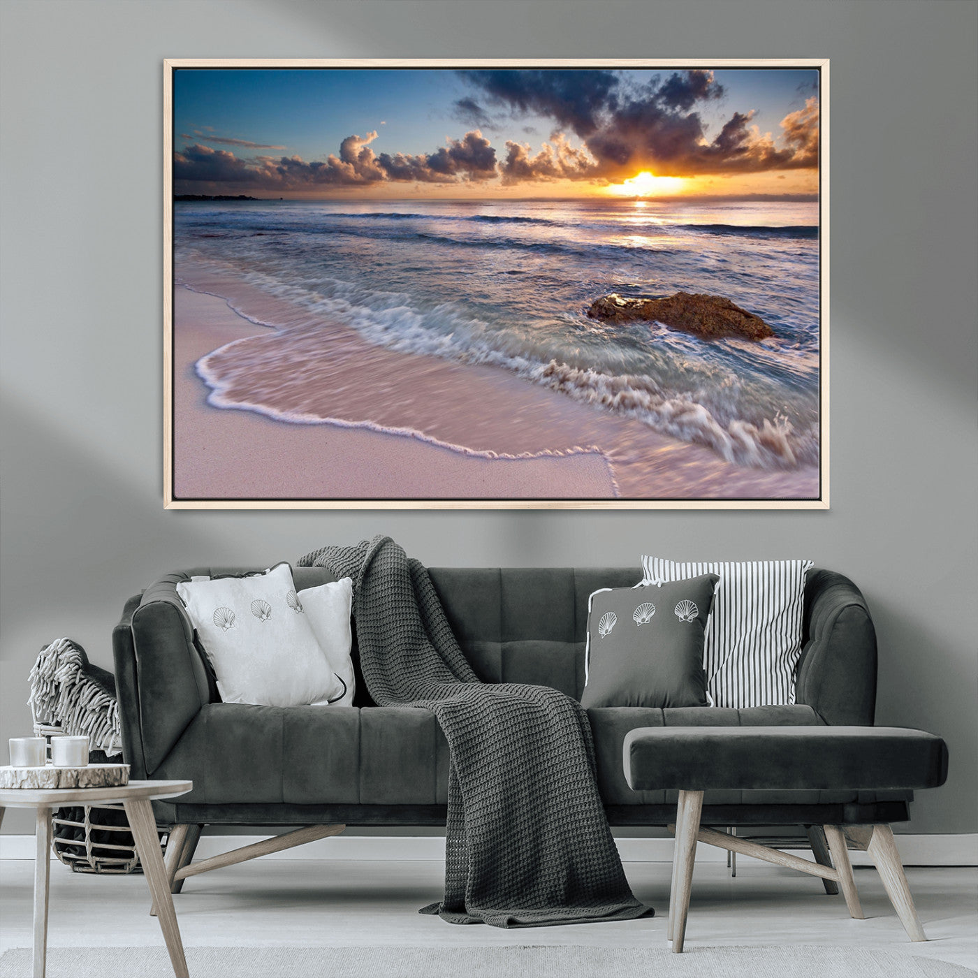 94906-MGV-CV-36X24-Sunrise Beach Wall Art – Panoramic Ocean Waves Canvas Print, Coastal Sunset Seascape Artwork for Living Room, Bedroom, or Office