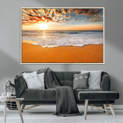 15399-MGV-CV-36X24-Golden Sunrise Beach Wall Art – Ocean Waves on Sandy Shore Canvas Print, Coastal Seascape Decor for Living Room or Bedroom