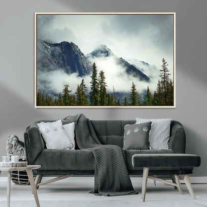 93219-MGV-CV-36X24-Misty Mountain Wall Art – Foggy Pines and Rocky Peaks Canvas Print, Nature Landscape Decor for Living Room, Office or Bedroom