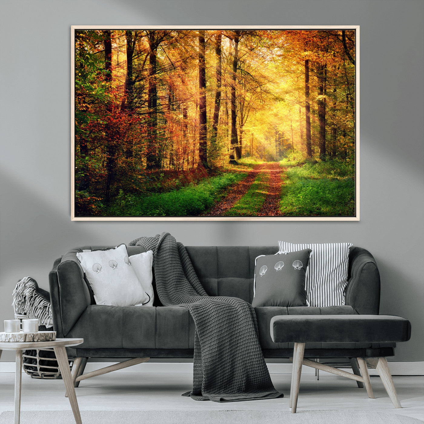 73494-MGV-CV-36X24-Golden Autumn Forest Path Wall Art – Sunlit Woodland Canvas Print, Fall Nature Landscape Home Decoration