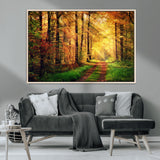 73494-MGV-CV-36X24-Golden Autumn Forest Path Wall Art – Sunlit Woodland Canvas Print, Fall Nature Landscape Home Decoration