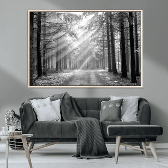 39665-MGV-CV-36X24-Black and White Forest Path Wall Art – Sunlight Rays in Trees Canvas Print, Nature Landscape Decor for Living Room or Office