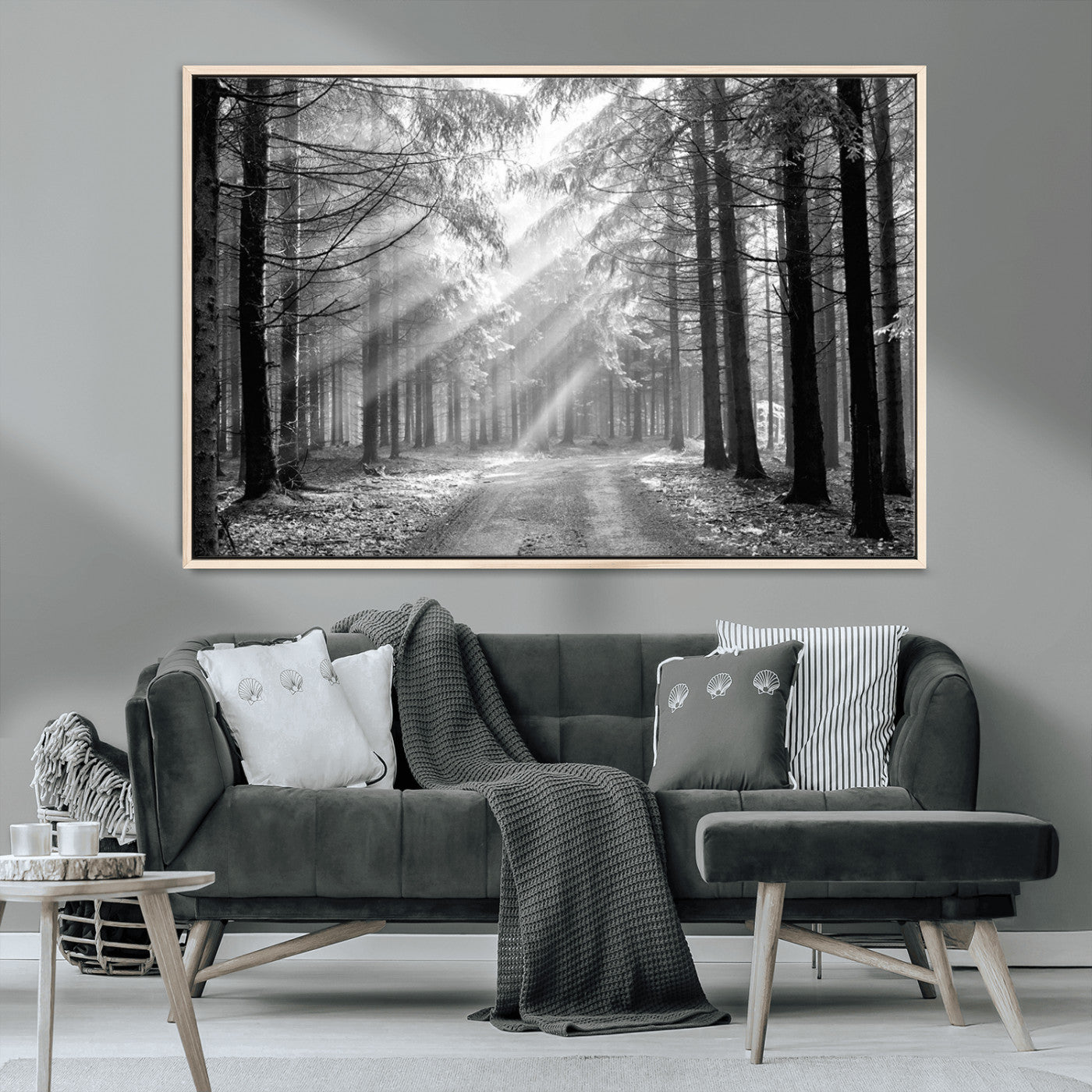 39665-MGV-CV-36X24-Black and White Forest Path Wall Art – Sunlight Rays in Trees Canvas Print, Nature Landscape Decor for Living Room
