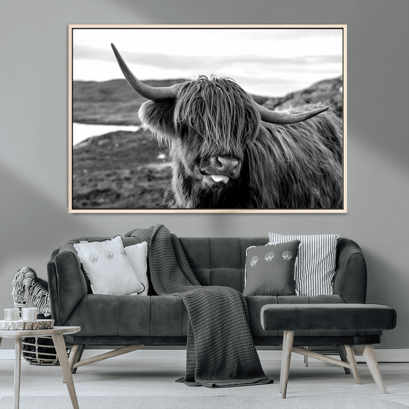 83810-MGV-CV-36X24-Highland Cow Wall Art – Black and White Highland Cattle Print, Rustic Farmhouse Animal Decor for Living Room or Office