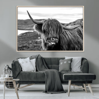 83810-MGV-CV-36X24-Highland Cow Wall Art – Black and White Highland Cattle Print, Rustic Farmhouse Animal Decor for Living Room