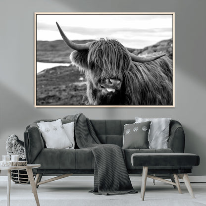 83810-MGV-CV-36X24-Highland Cow Wall Art – Black and White Highland Cattle Print, Rustic Farmhouse Animal Decor for Living Room