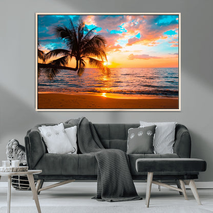 34674-MGV-CV-36X24-Tropical Sunset Beach Wall Art – Palm Tree Ocean Canvas Print, Coastal Seascape Decor for Living Room or Office Wall